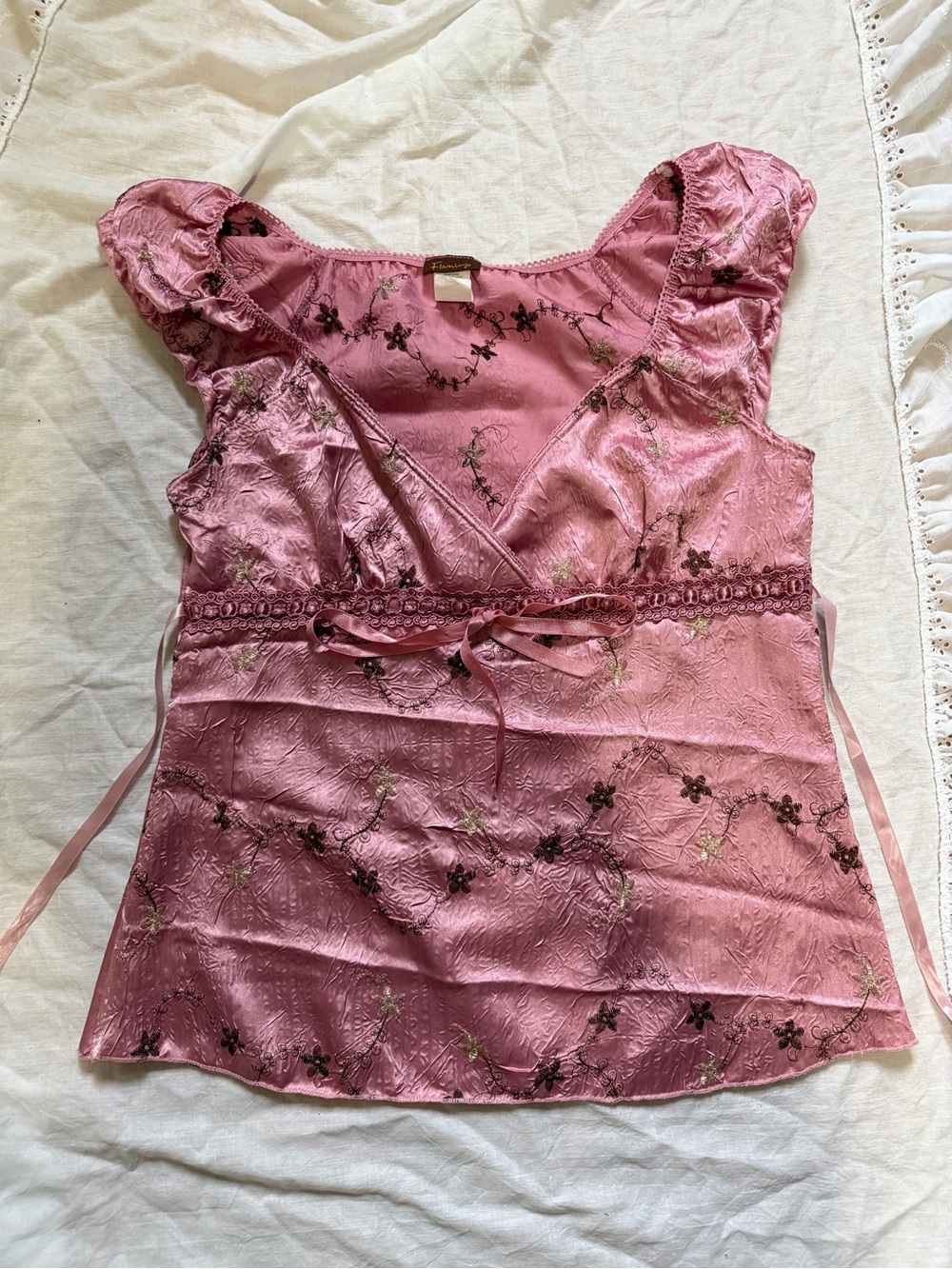 Pink Embroidered Satin Wrap Top